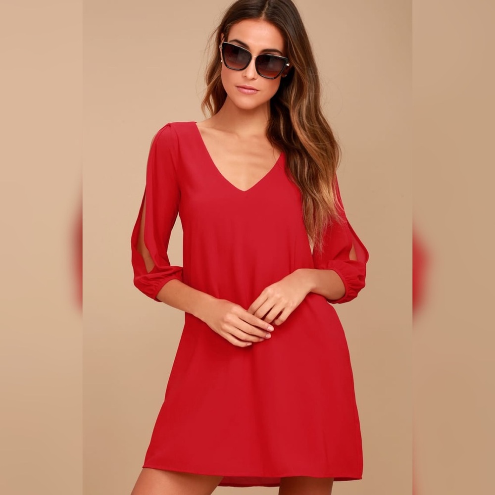 Lulus Red Long Sleeve Cold Shoulder Shift Dress